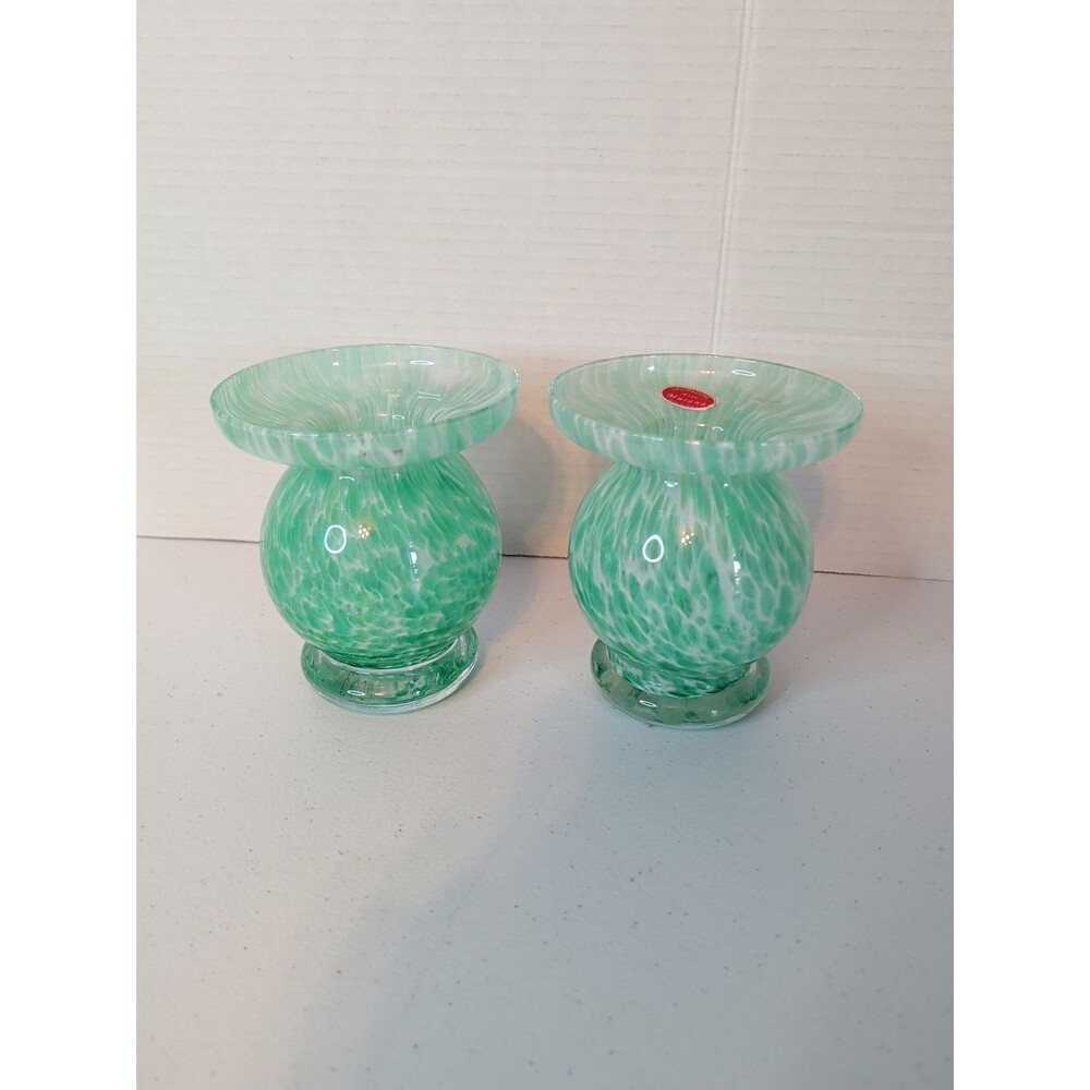 VTG  Italian Decorative Murano Glass Vase Mid Century Handblown Green Set Of 2